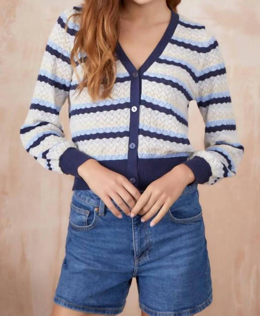 NEW &ISLA ayla pointelle stripe v cardigan in navy multi